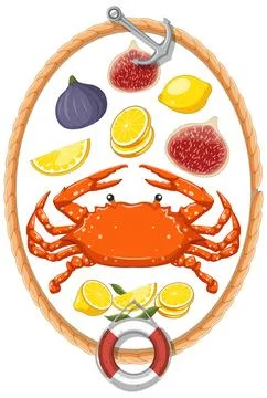 Mediterranean Seafood and Fruit Vector Illustration with Rope Border 스톡 일러스트