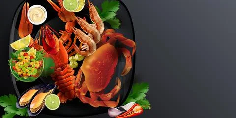 Mediterranean seafood - crab, lobster, shrimps and mussels with salad. Stock Illustration