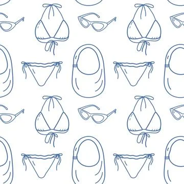 Mediterranean Seamless Beach Pattern with outline swimwear, sunglasses and beach Illustrazione stock