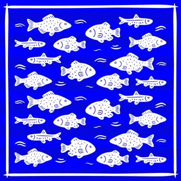 Mediterranean seamless fish pattern with white marine illustrations on blue Stock Illustration