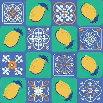 Mediterranean seamless pattern. Blue vector illustration with Italian tiles.. Stock Illustration