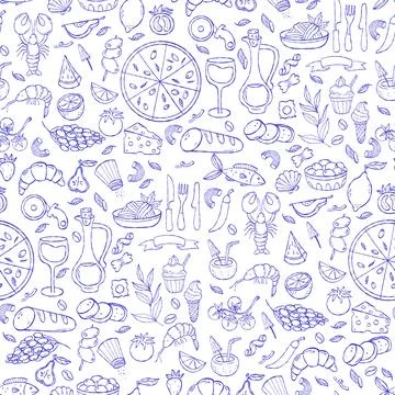 Mediterranean Seamless pattern with food and drink, beach vacation on white.. Stock Illustration