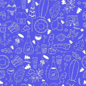 Mediterranean seamless pattern with summer beach vacation on blue backgroun.. Stock Illustration