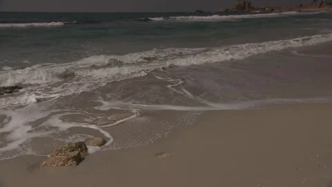 Mediterranean Shoreline, Structural Remnants, Caesarea Maritima, Israel Stock Footage 321976101