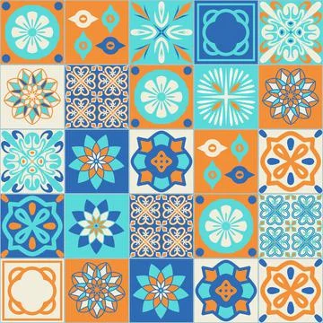 Mediterranean style ceramic tiles, square tile blue orange ivory color, inter Ilustración de archivo