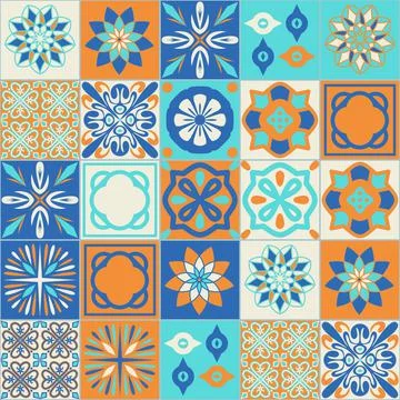 Mediterranean style ceramic tiles, square tile blue orange ivory color Ilustración de archivo