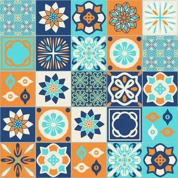 Mediterranean style ceramic tiles, square tile blue orange ivory decorative.. Ilustración de archivo
