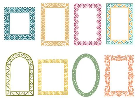 Mediterranean style frames set with hand-drawn geometric and floral borders Illustrazione stock