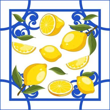 Mediterranean Style Lemon Vector Illustration with Blue Ceramic Tile Pattern Stock Illustration