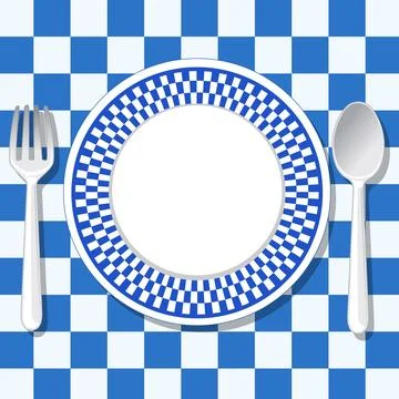 Mediterranean Style Table Setting with Blue Checkered Plate and Cutlery Stock Illustration
