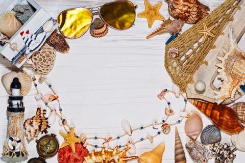 Mediterranean style textured background with shells Stock Photos