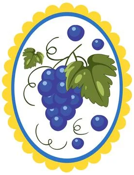 Mediterranean Style Vector Illustration of Blue Grapes in Scalloped Frame Ilustración de archivo
