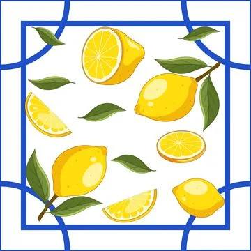 Mediterranean Style Vector Illustration of Fresh Lemons and Blue Tile Border Stock Illustration