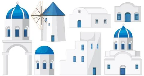 Mediterranean Style White Architecture Elements with Blue Domes and Windmill Stock Illustration