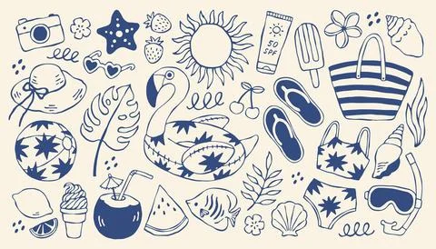 Mediterranean summer vector set with beach icons and tropical elements. Hand Stock Illustration