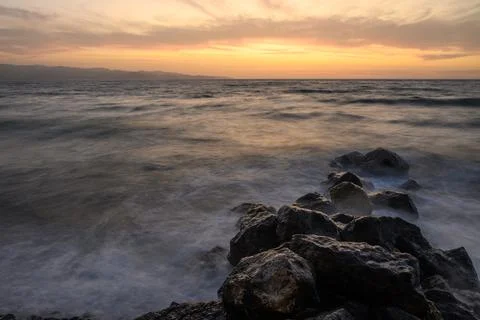 Mediterranean sunset spring evening on the island of Cyprus Stockfoto's