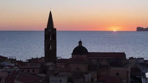 Mediterranean Town Flyover at Sundown (Alghero, Sardinia, Italy) Stock Footage 289176985