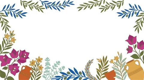 Mediterranean vector border frame with olive branches magenta bougainvillea Illustrazione stock