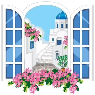 Mediterranean Village View Through Open White Window with Pink Flowers Stock Illustration