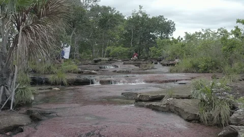 Medium aerial pulls back low over Tranquilandia river as tourists enjoy it 스톡 동영상 109186776