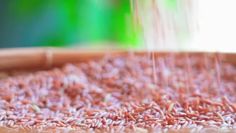 Medium Close up Brown rice pouring slow motion 100fps Stock-Footage 156086035
