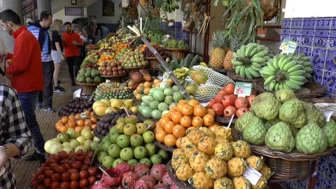 Medium Close Up of Exotic Fruit Stall in Funchal Stock Footage 127265901