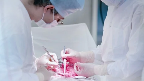 Medium close-up of medical staff in operating room performing successful Video stock 99653309
