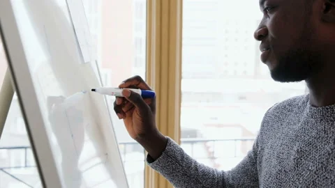 Medium close-up shot young African businessman drawing profit graphic on flip Stock Footage 109157592