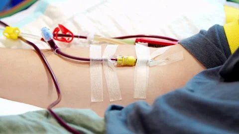 Medium Close Steady Shot of Cannula in Arm with Blood in Tube Stock Footage 316223285