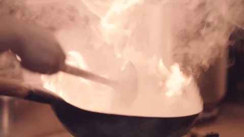 Medium Close Wok Fire Stock Footage 96289504