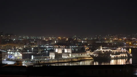 Medium of a cruise ship docked in Naples harbor at nighttime 스톡 동영상 239470223