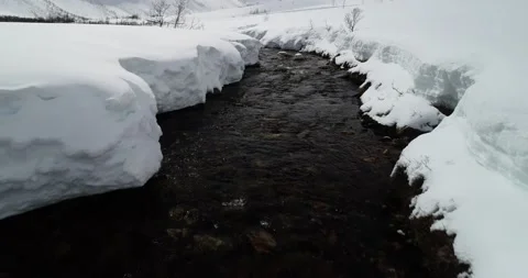 Medium dolly shot of winter stream or river with snow in arctic Norway, Tracking Stock Footage 147532759