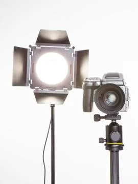 Medium format  proffesional camera and studio light with barn doors Stock Photos