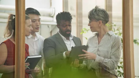 Medium front view shot of diverse group of coworkers standing behind office Stock Footage 277956656