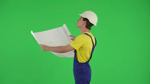 Medium green screen isolated chroma key video of a young construction worker Stock Footage 249005524