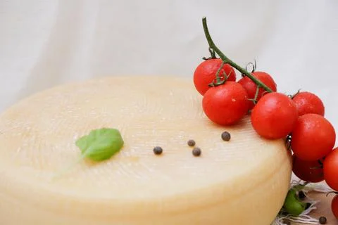 Medium hard cheese head parmesan on wooden board, with cheese parmesan with t Stock Photos