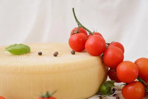 Medium hard cheese head parmesan on wooden board, with cheese parmesan with t 写真素材