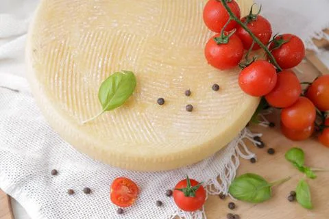 Medium hard cheese head parmesan on wooden board, with cheese parmesan with t 写真素材