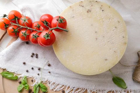 Medium hard cheese head parmesan on wooden board, with cheese parmesan with t 写真素材