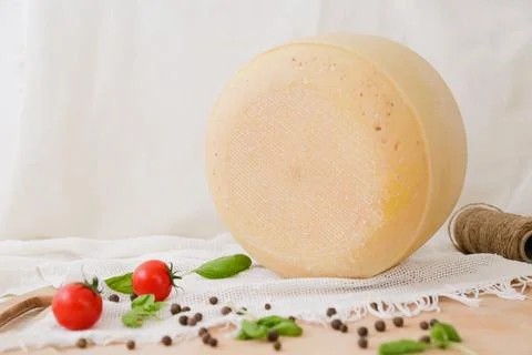 Medium hard cheese head parmesan on wooden board, with cheese parmesan with t 写真素材
