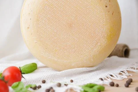Medium hard cheese head parmesan on wooden board, with cheese parmesan with t 写真素材