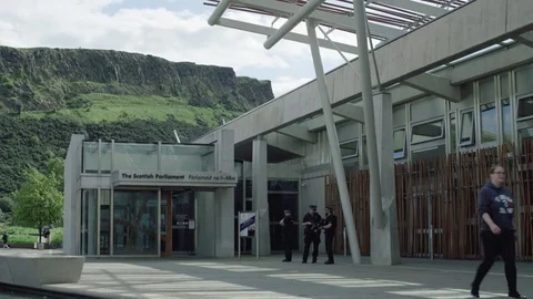 Medium pan, Main visitor entrance to the Scottish Parliament, Edinburgh Stock Footage 79585012