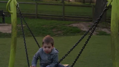 Medium plan Portrait of cute little boy having fun Swinging On Swing outside Stock Footage 172552593
