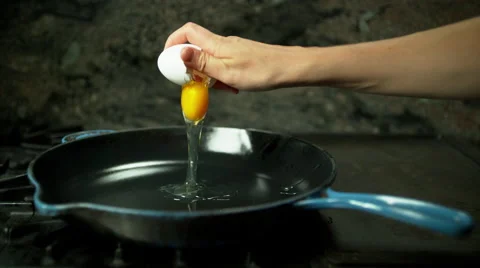 Medium profile shot of hand cracking egg into pan Stock Footage 60113719