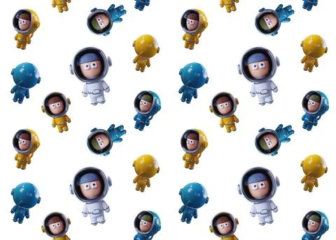 Medium scale Pattern of white, blue and yellow astronauts on a white backgrou Illustrazione stock