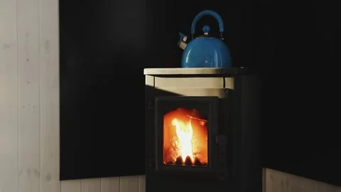 Medium screen of cozy wood-burning stove with burning fire enhanced with a blue Video stock 321947170