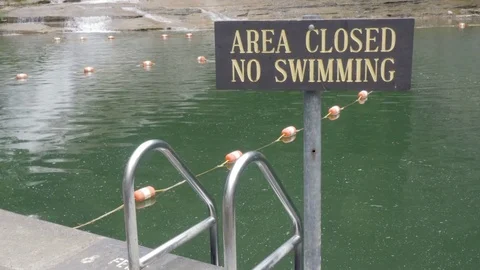 Medium Shot of an Area Closed No Swimming Sign by a Natural Swimming Pool Stock Footage 81749863
