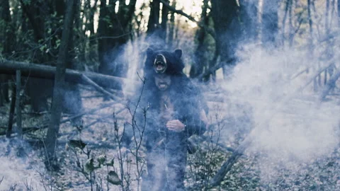 Medium shot of Berserker wearing bear coat in foggy forest - Reenactment Stock Footage 202895890