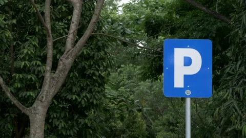 Medium shot, blue parking traffic sign. Indonesian road signage Stock Footage 139343784