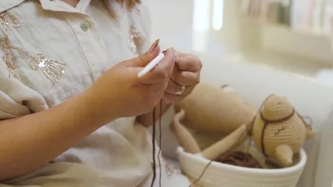 Medium shot, crocheting a doll next to finished pieces Stock Footage 344323361